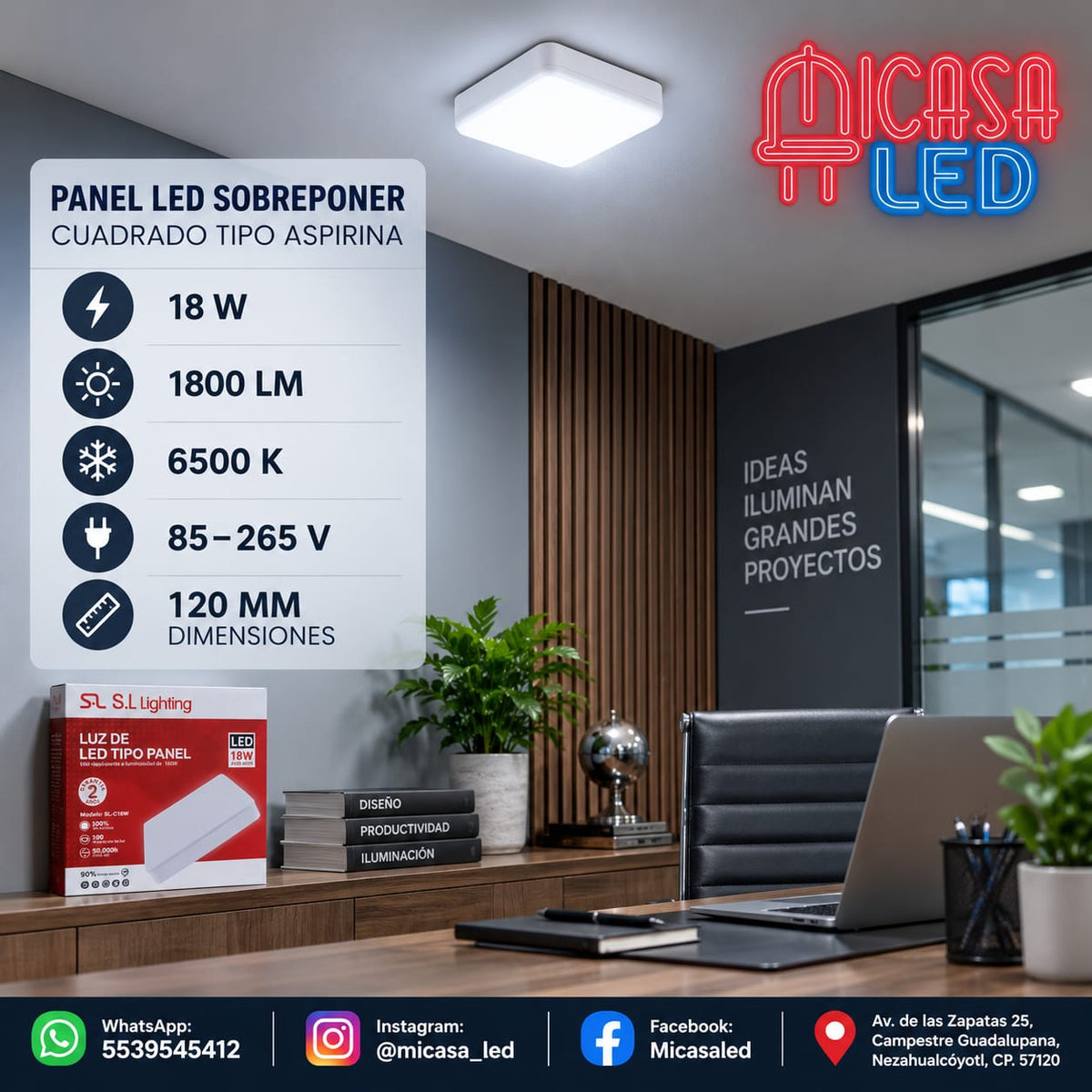 Panel Lámpara LED de Sobreponer Cuadrado Tipo Aspirina 18W SL