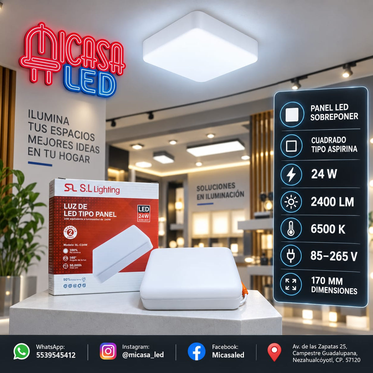 Panel Lámpara LED de Sobreponer Cuadrado Tipo Aspirina 24W SL