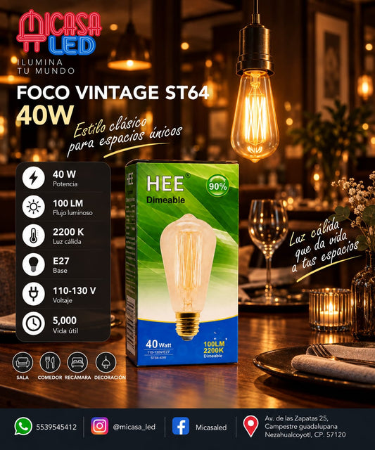 Foco Vintage HEE ST64 Filamento 40 W Luz Cálida 2200 K E27