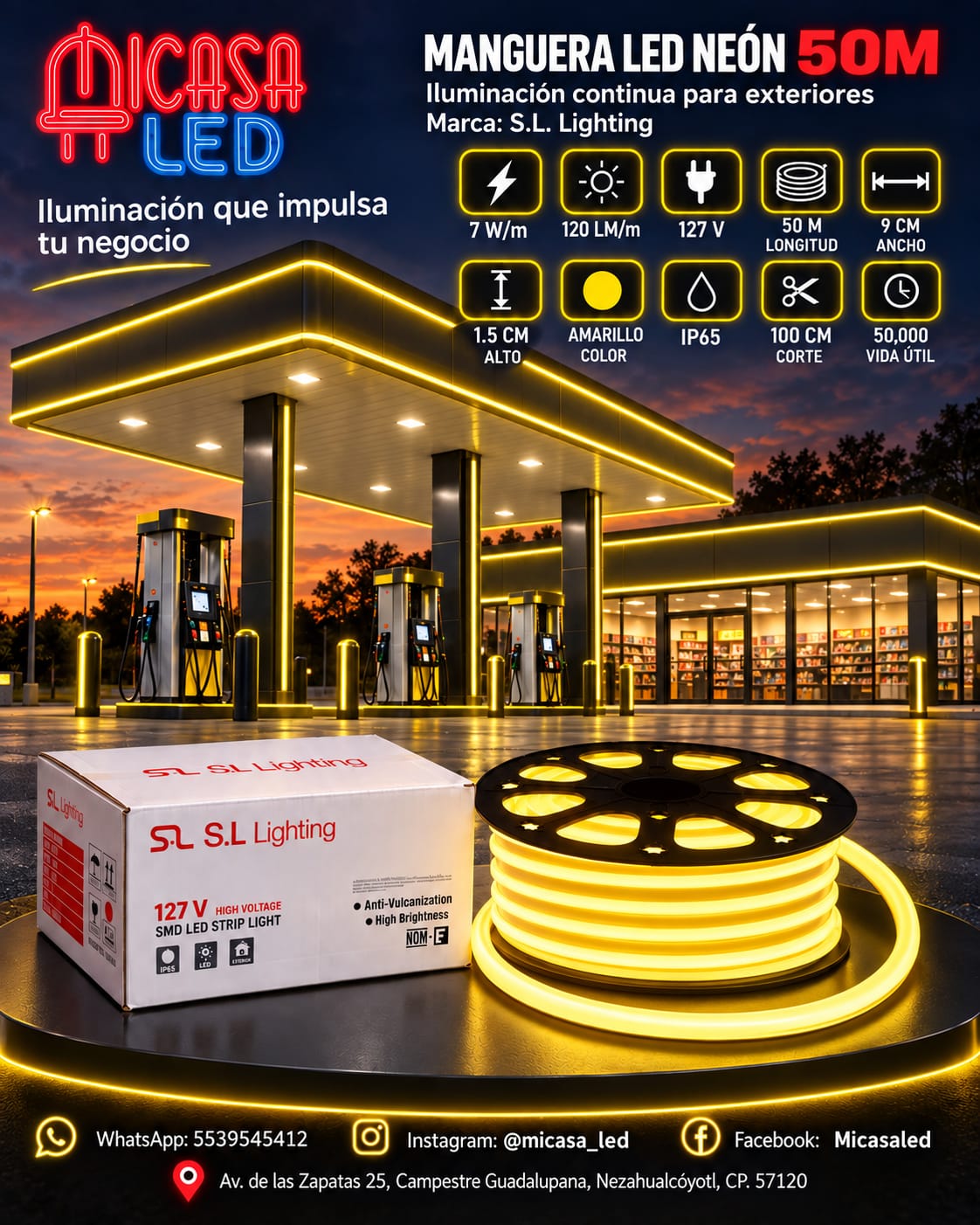 Manguera LED neón S.L. Lighting de 50 m color amarillo para exterior