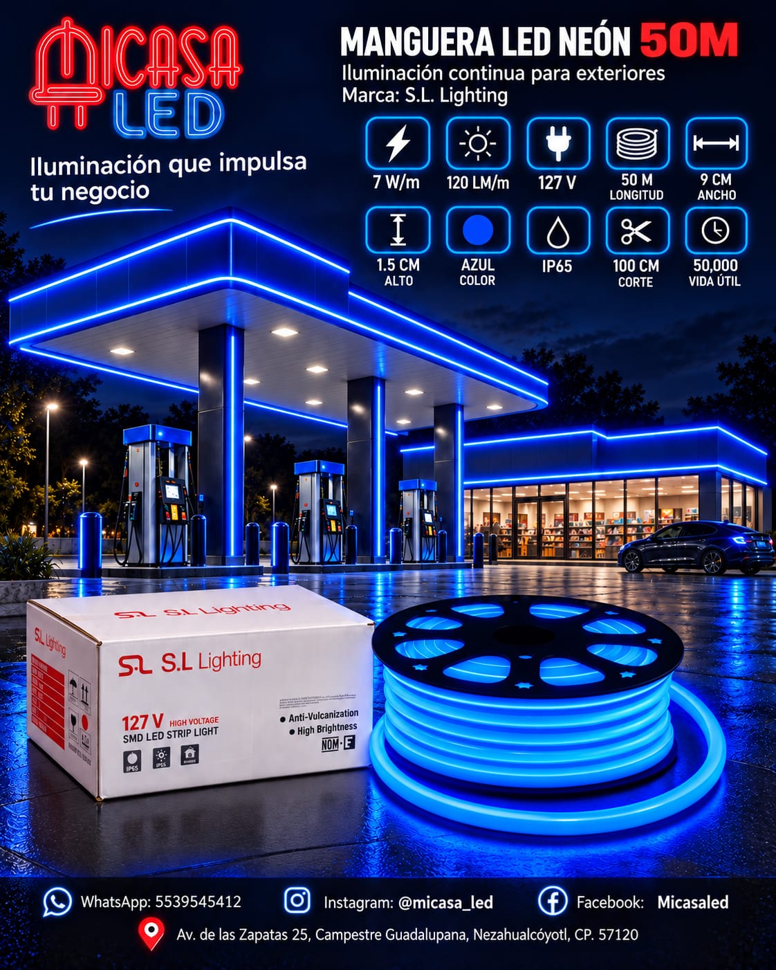 Manguera LED neón S.L. Lighting de 50 m color azul para exterior