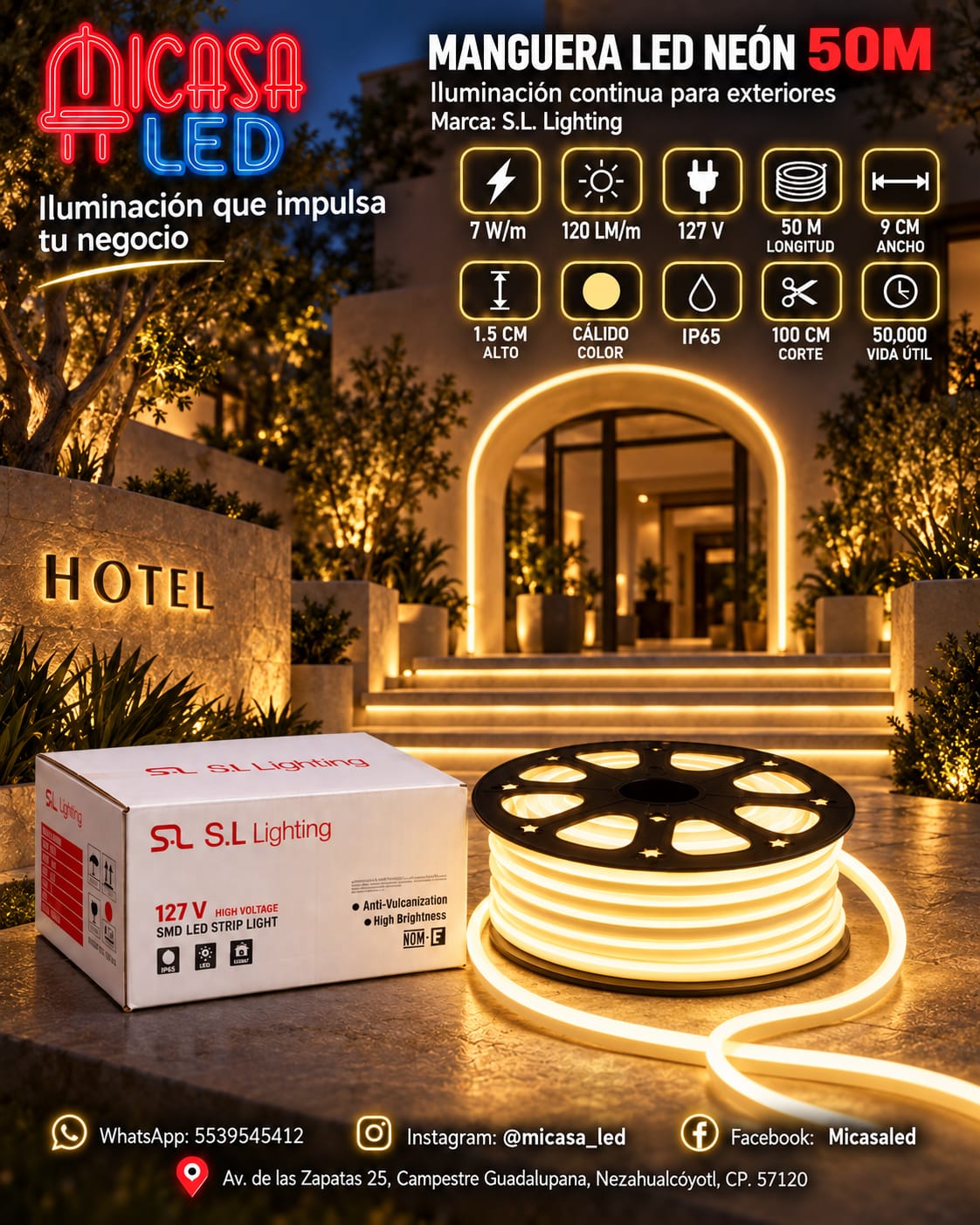 Manguera LED Neón 50 m Luz Cálida 127 V SL
