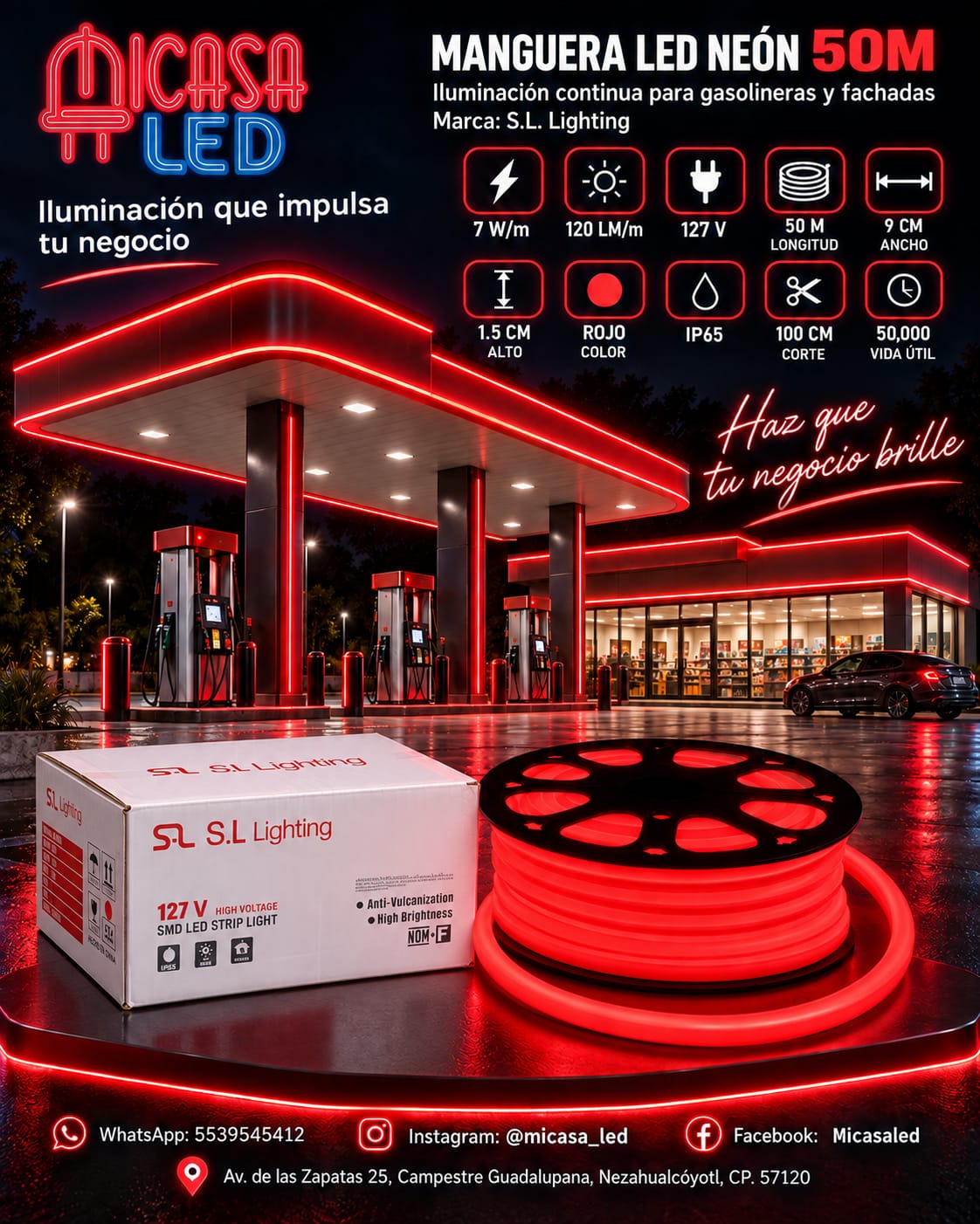 Manguera LED neón S.L. Lighting de 50 m color rojo para exterior