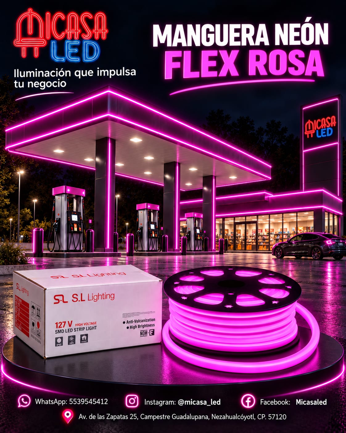 Manguera LED neón flex S.L. Lighting de 50 m color rosa para exterior