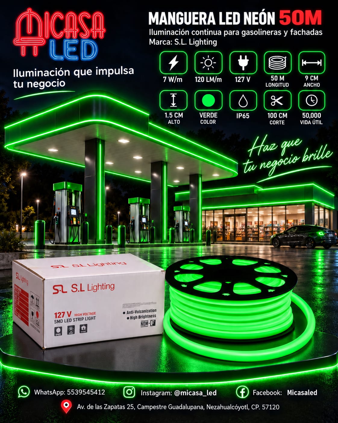 Manguera LED neón S.L. Lighting de 50 m color verde para exterior