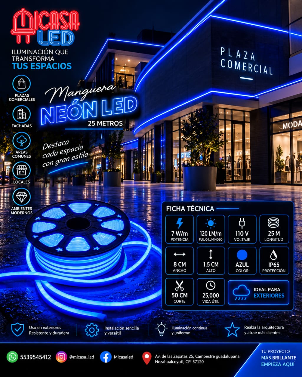 Manguera Neón LED Flex 25 m Azul MICASA LED