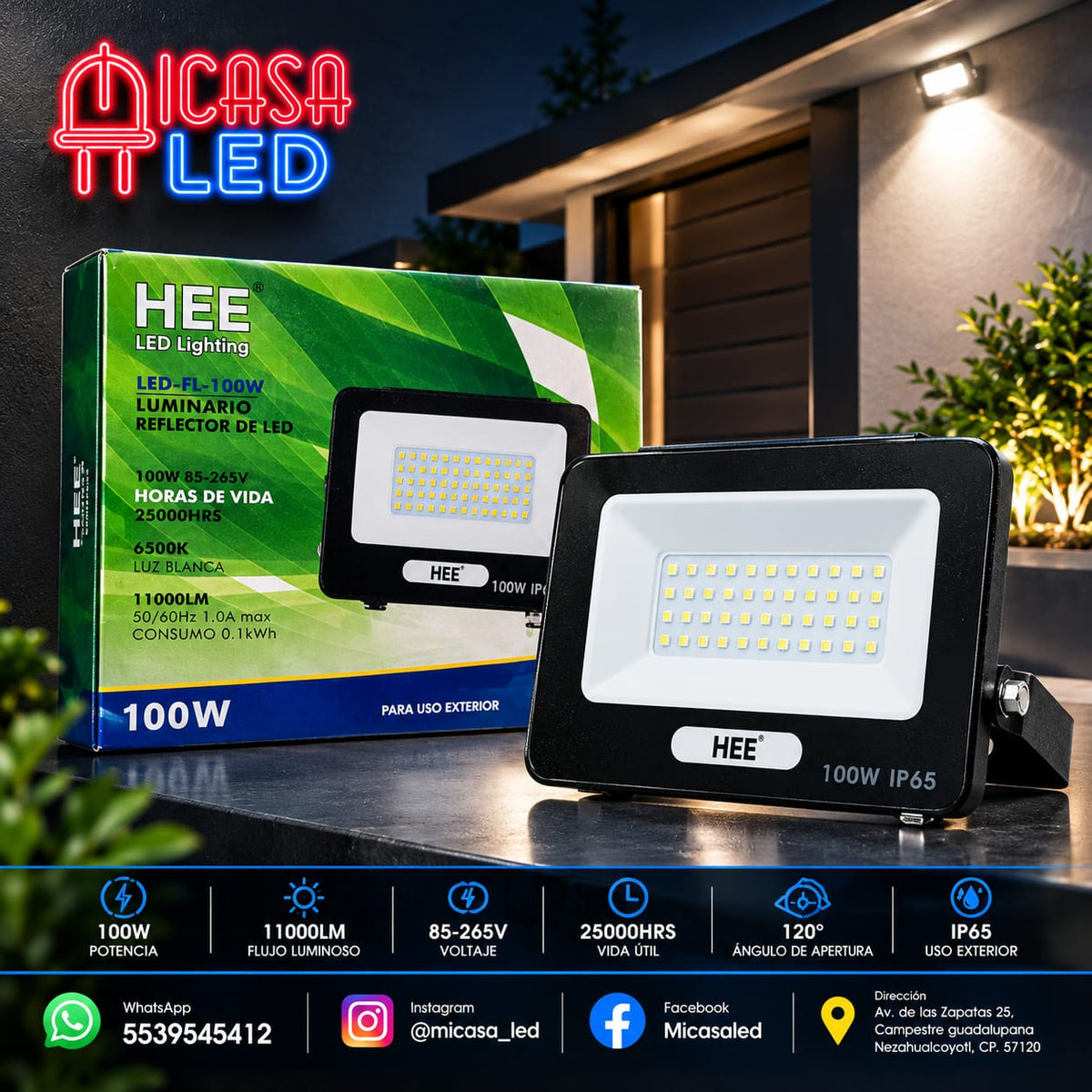 Reflector LED Exterior 100W HEE IP65 Alto Rendimiento - Luz Cálida