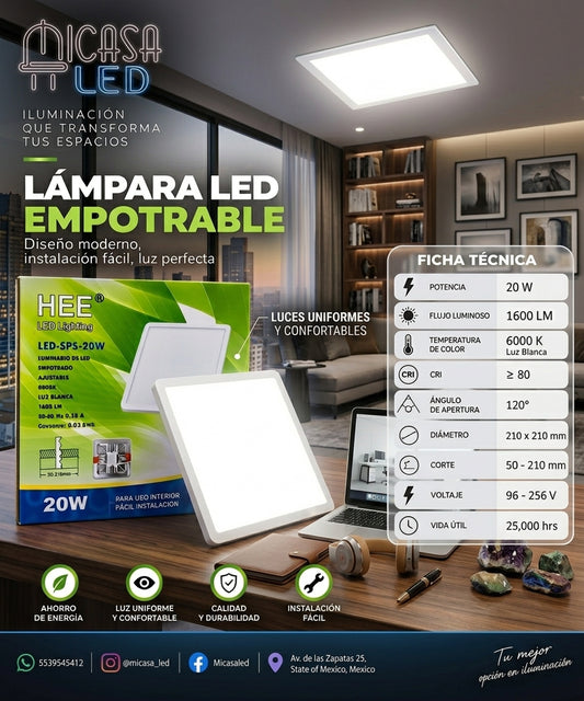 Panel Lámpara LED Empotrable Ajustable Cuadrado 20W HEE