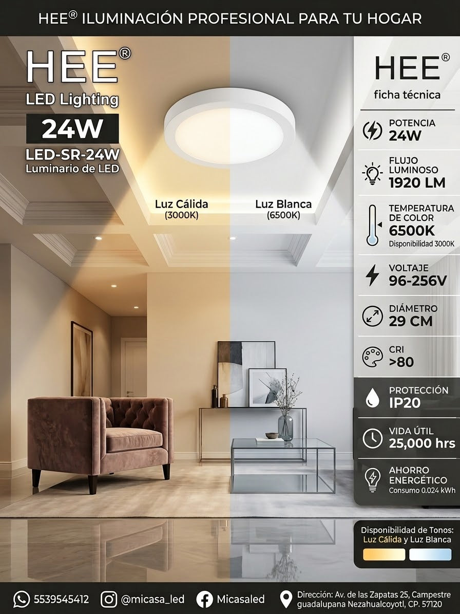 Panel Lámpara LED Sobreponer Redondo 24W HEE IP20 - Luz Cálida