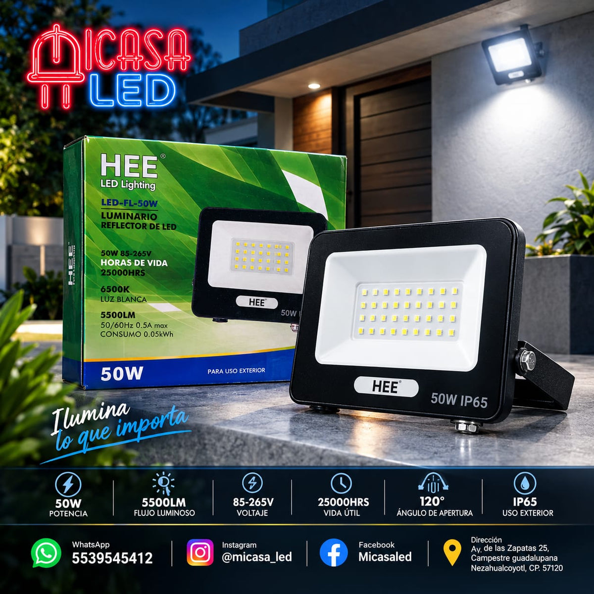 Reflector LED Exterior 50W HEE IP65 Uso Industrial y Residencial - Luz Cálida