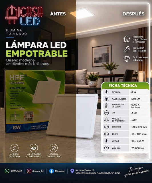 Panel Lámpara LED Empotrable Ajustable Cuadrado 8W HEE