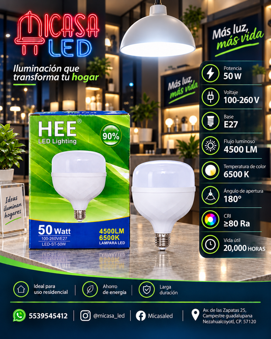 Foco Lámpara LED Alta Potencia Tipo Bala 50W E27 6500K HEE (4500 LM)