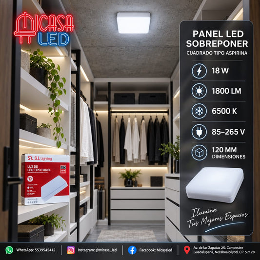 Panel LED cuadrado tipo aspirina 18W