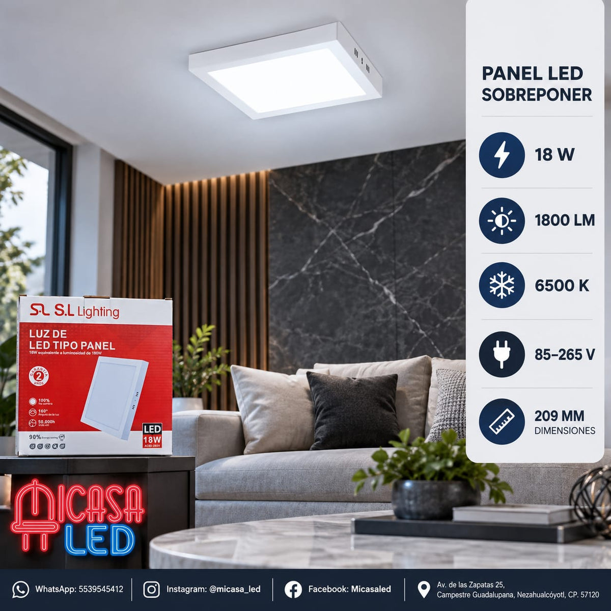 Panel Lámpara LED de Sobreponer Cuadrado 18W SL