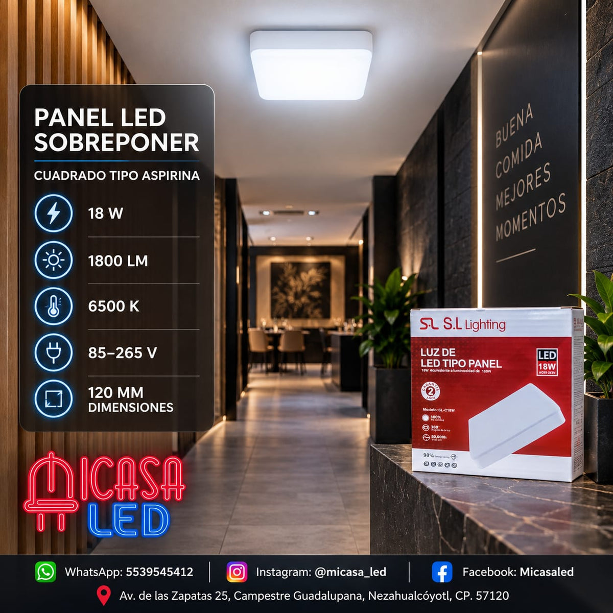 Panel Lámpara LED de Sobreponer Cuadrado Tipo Aspirina 18W SL