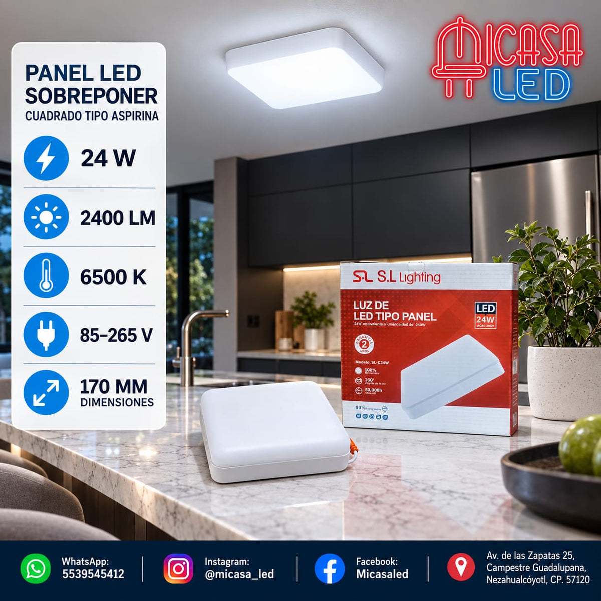 Panel Lámpara LED de Sobreponer Cuadrado Tipo Aspirina 24W SL