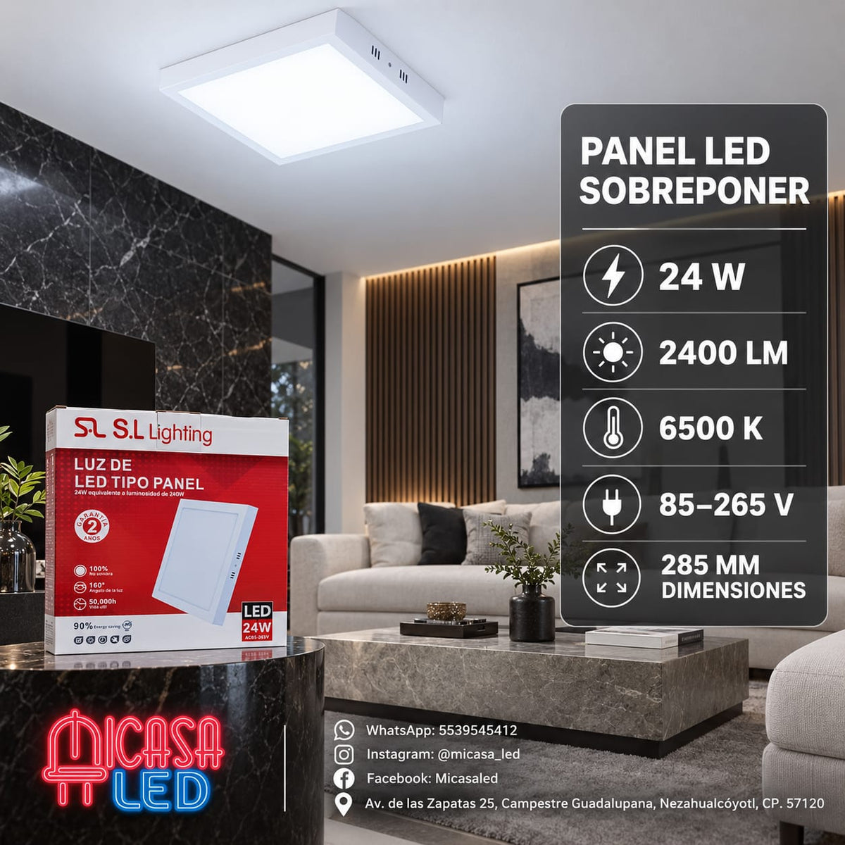Panel Lámpara LED de Sobreponer Cuadrado 24W SL