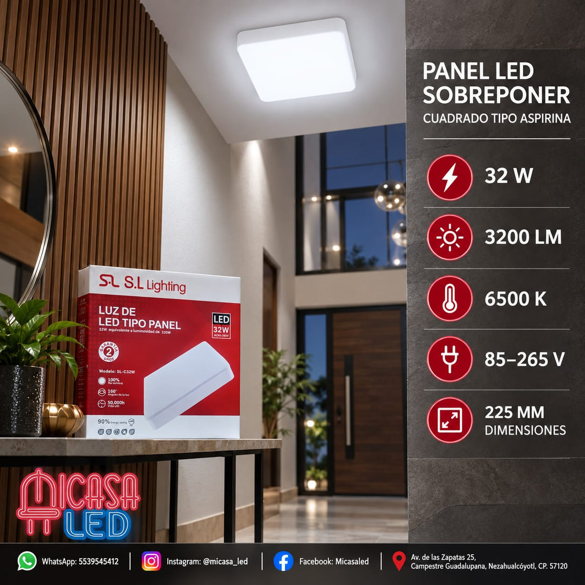 Panel Lámpara LED de Sobreponer Cuadrado Tipo Aspirina 32W SL