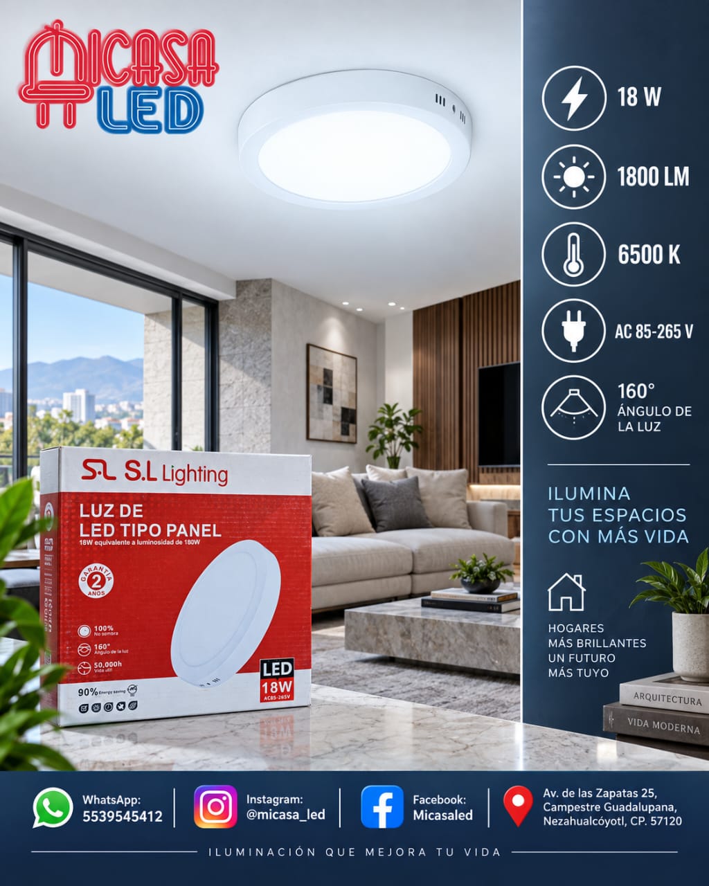 Panel LED de sobreponer redondo 18W