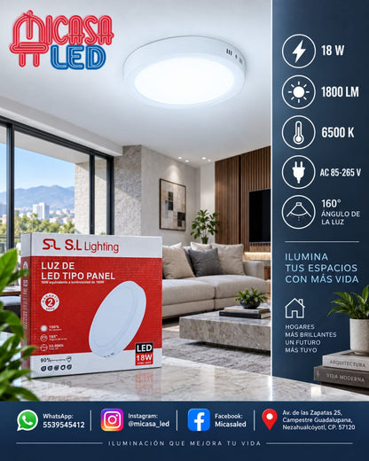 Panel LED de sobreponer redondo 18W