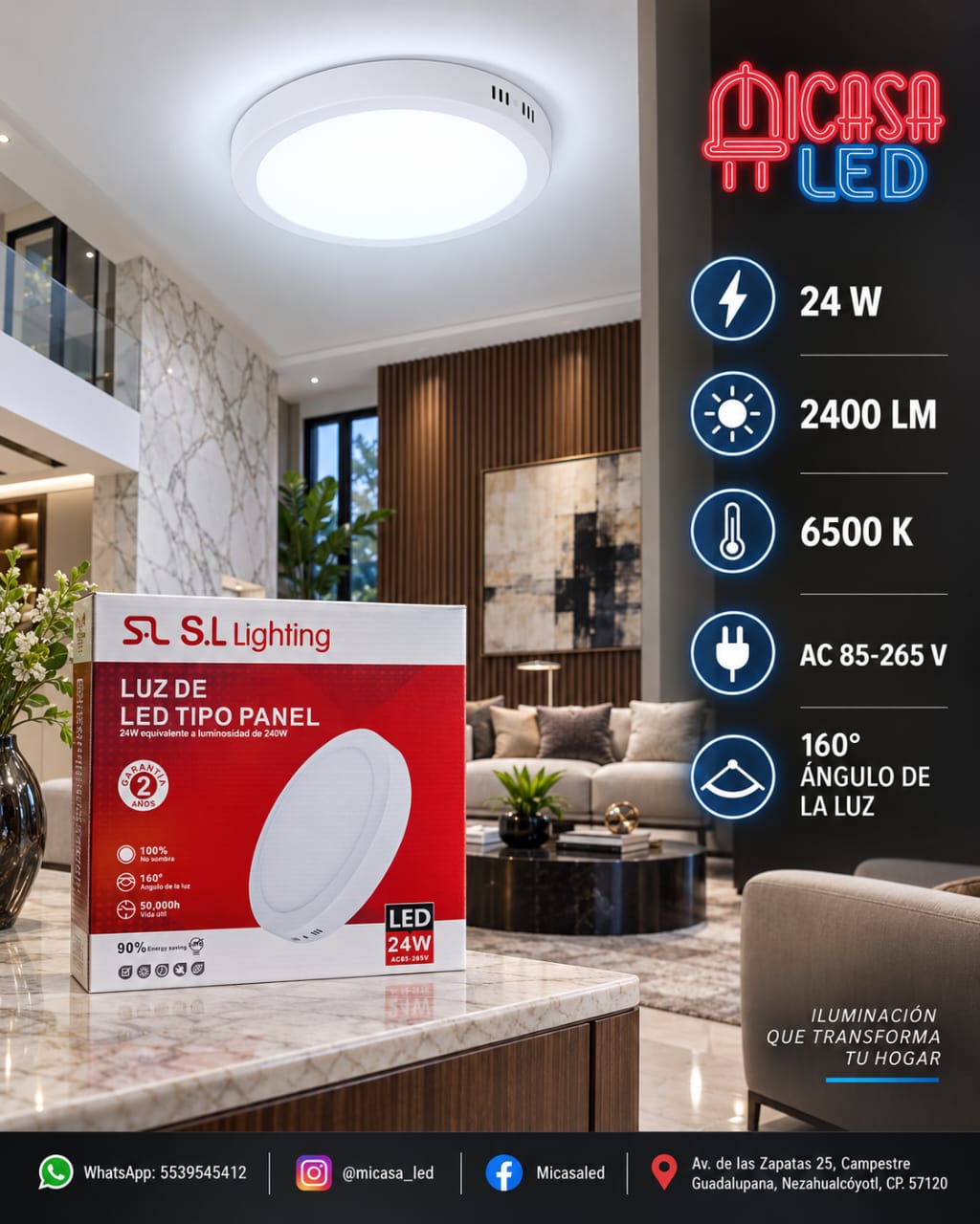 Panel LED de sobreponer redondo 24W
