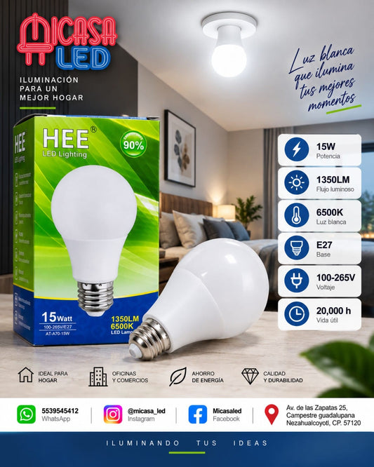 Foco LED HEE A70 de 15 W luz blanca 6500 K con base E27