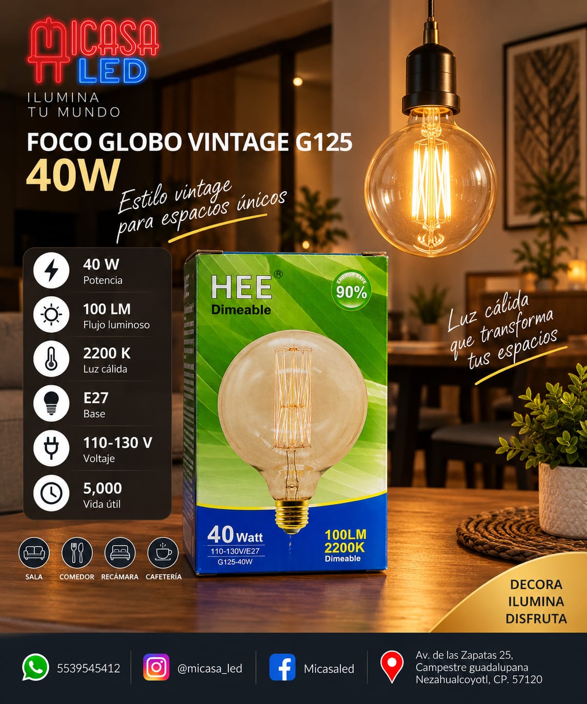 Foco globo vintage HEE G125 de filamento 40 W luz cálida 2200 K con base E27