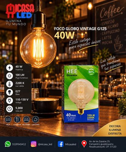 Foco Globo Vintage HEE G125 Filamento 40 W Luz Cálida 2200 K E27