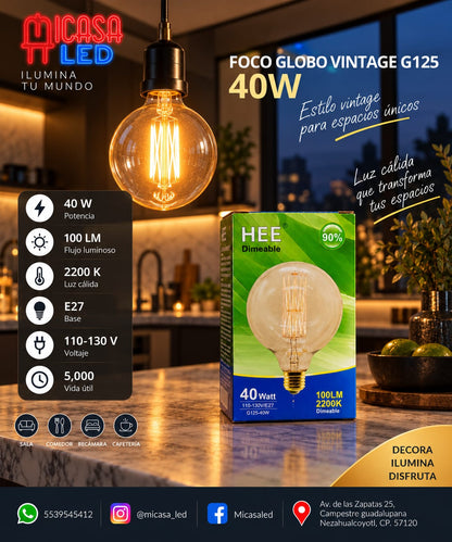 Foco Globo Vintage HEE G125 Filamento 40 W Luz Cálida 2200 K E27