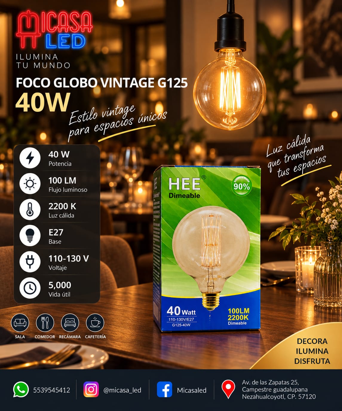 Foco Globo Vintage HEE G125 Filamento 40 W Luz Cálida 2200 K E27