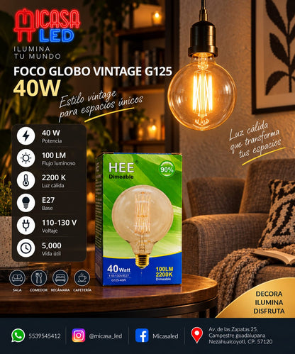 Foco Globo Vintage HEE G125 Filamento 40 W Luz Cálida 2200 K E27
