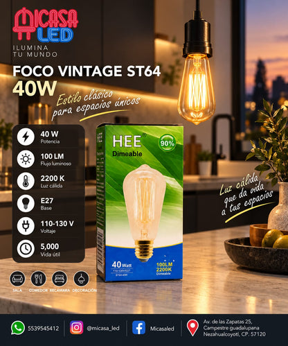 Foco Vintage HEE ST64 Filamento 40 W Luz Cálida 2200 K E27