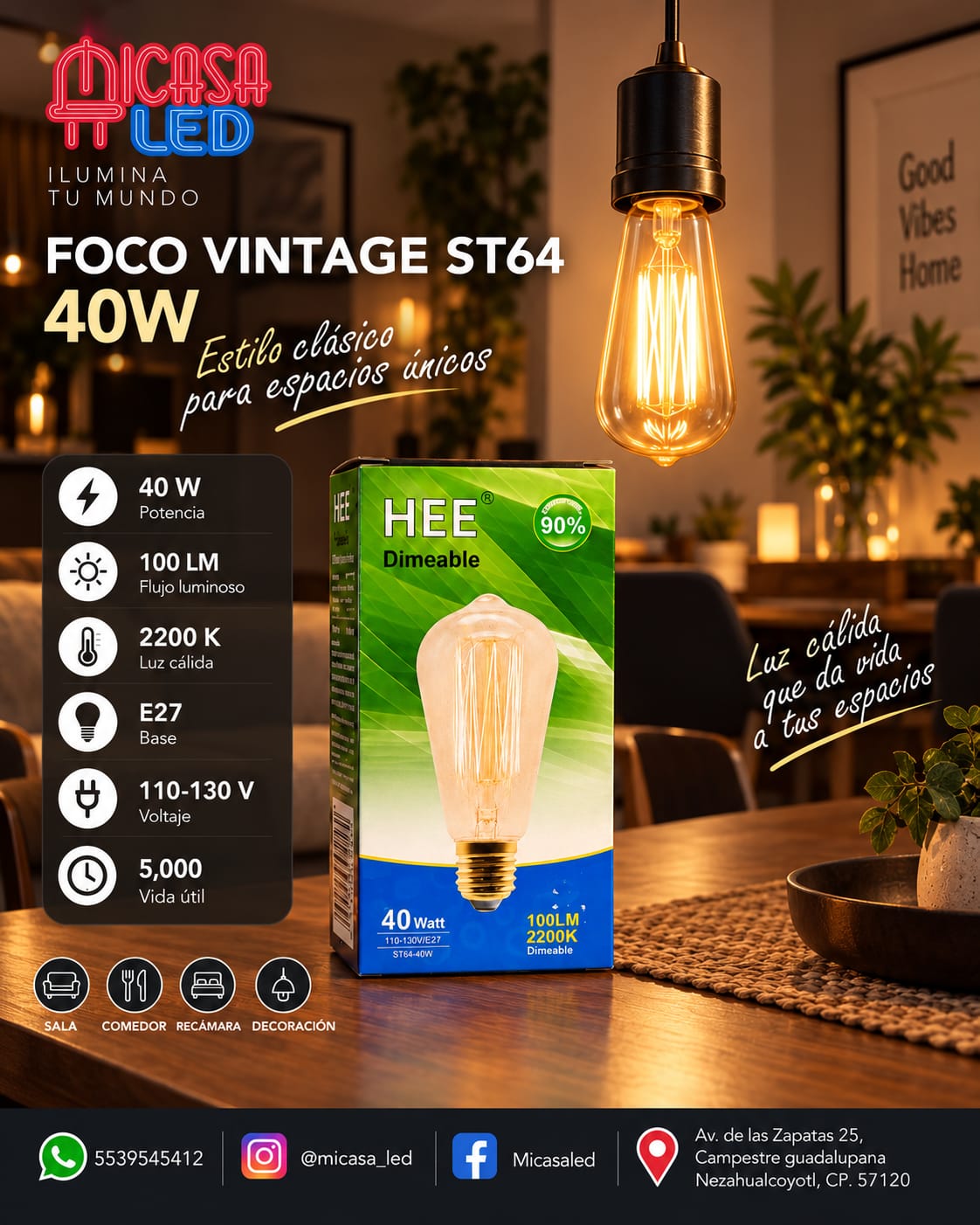 Foco Vintage HEE ST64 Filamento 40 W Luz Cálida 2200 K E27