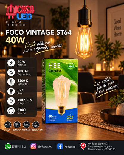 Foco Vintage HEE ST64 Filamento 40 W Luz Cálida 2200 K E27