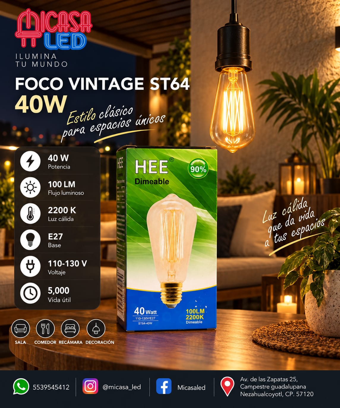 Foco Vintage HEE ST64 Filamento 40 W Luz Cálida 2200 K E27