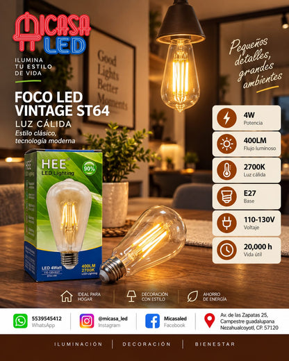 Foco LED vintage HEE ST64 de 4 W luz cálida 2700 K con base E27