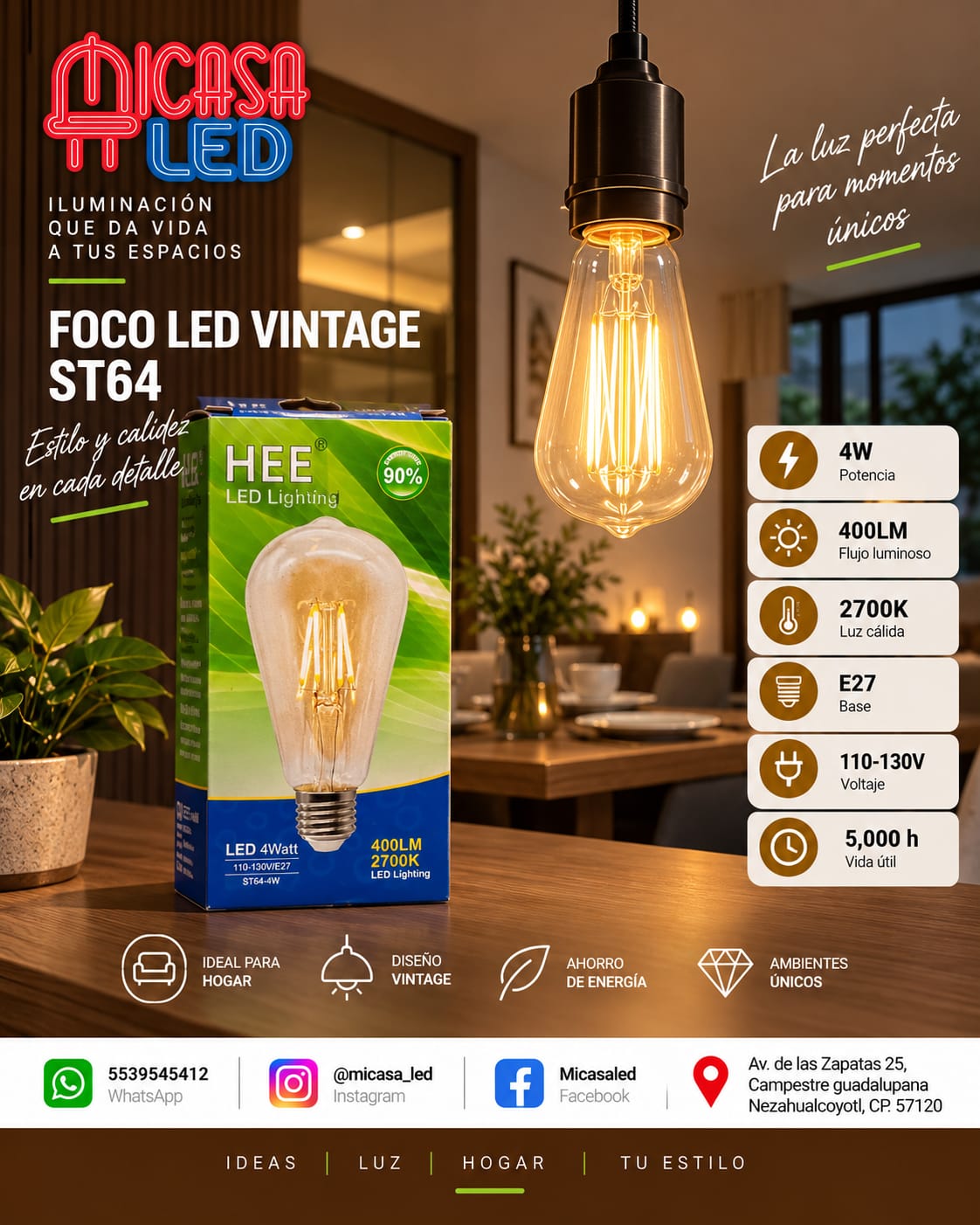 Foco LED Vintage HEE ST64 4 W Luz Cálida 2700 K E27
