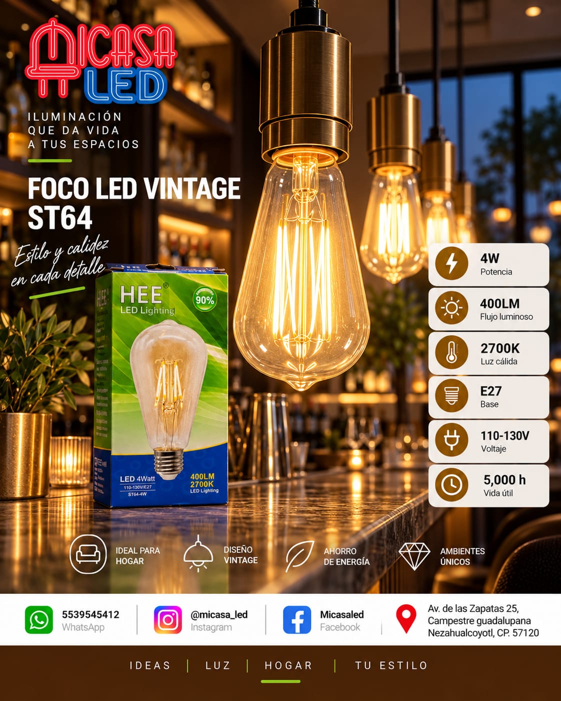Foco LED Vintage HEE ST64 4 W Luz Cálida 2700 K E27
