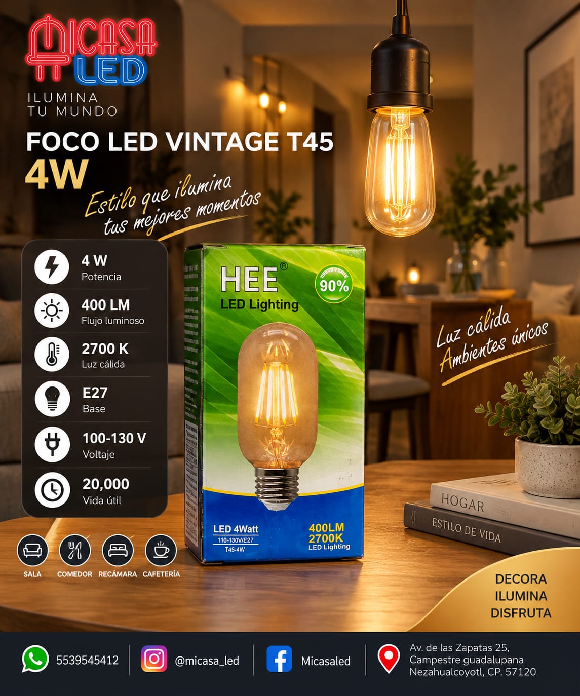 Foco LED Vintage HEE T45 4 W Luz Cálida 2700 K E27