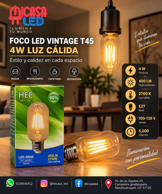 Foco LED vintage HEE T45 de 4 W luz cálida 2700 K con base E27