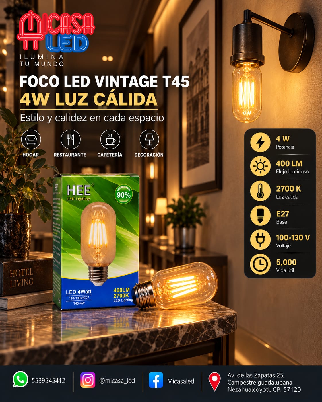 Foco LED Vintage HEE T45 4 W Luz Cálida 2700 K E27