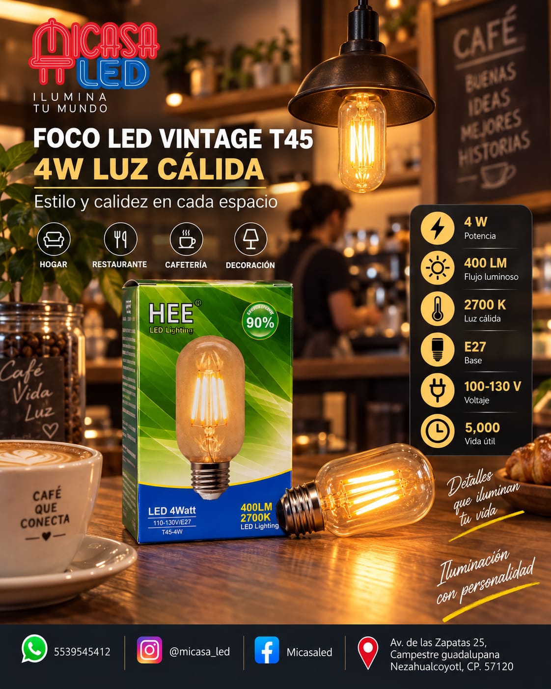 Foco LED Vintage HEE T45 4 W Luz Cálida 2700 K E27