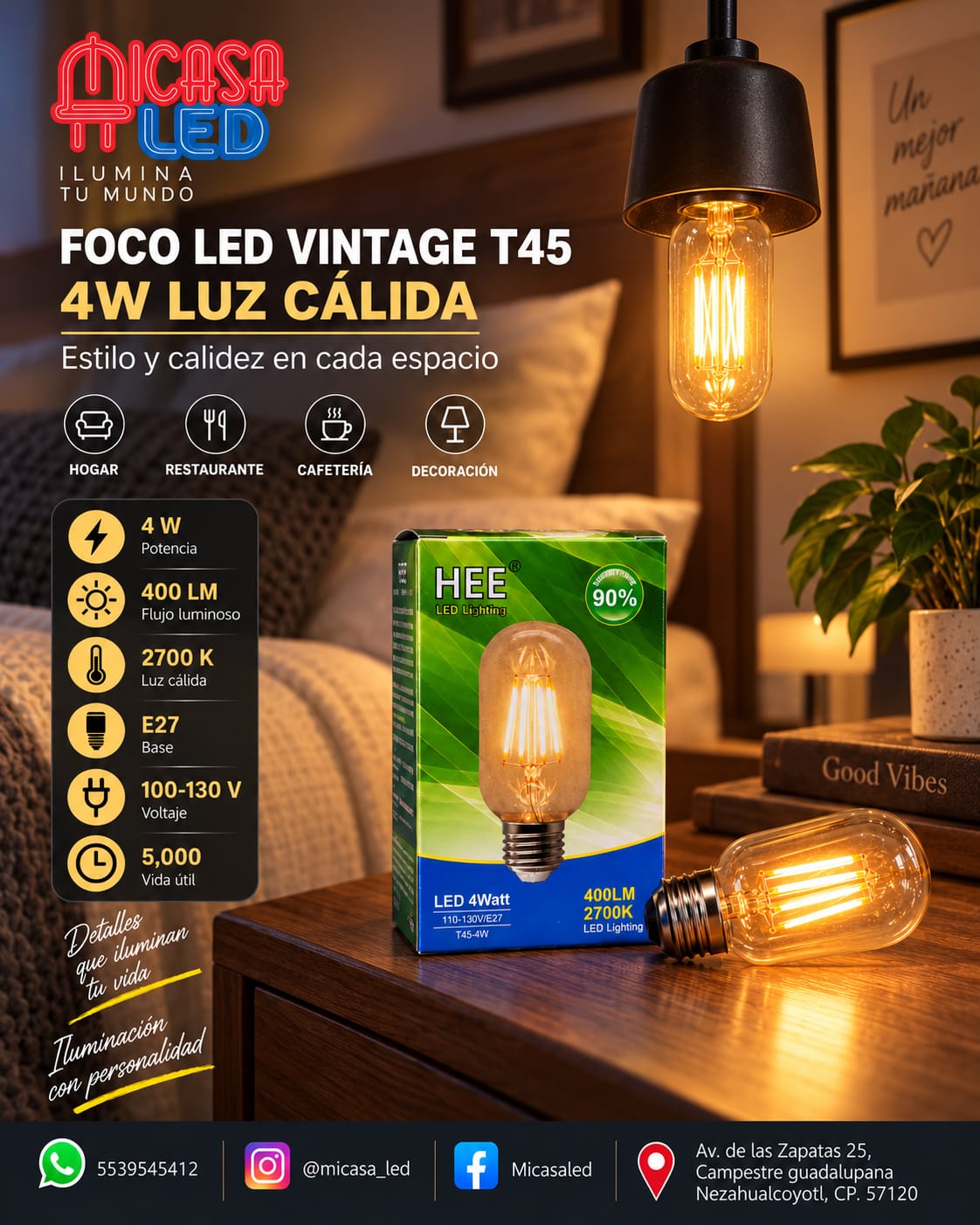 Foco LED Vintage HEE T45 4 W Luz Cálida 2700 K E27