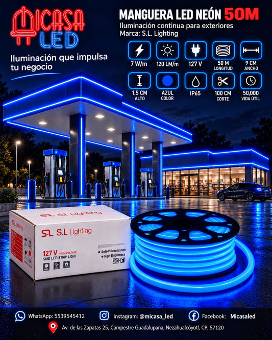 Manguera LED neón S.L. Lighting de 50 m color azul para exterior