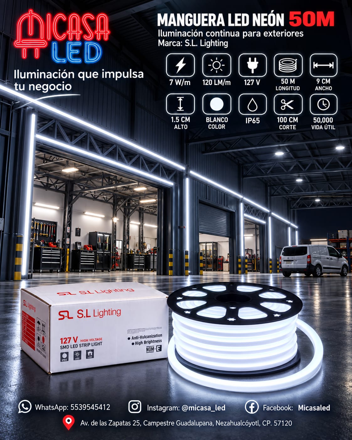 Manguera LED Neón 50 m Blanca 127 V SL