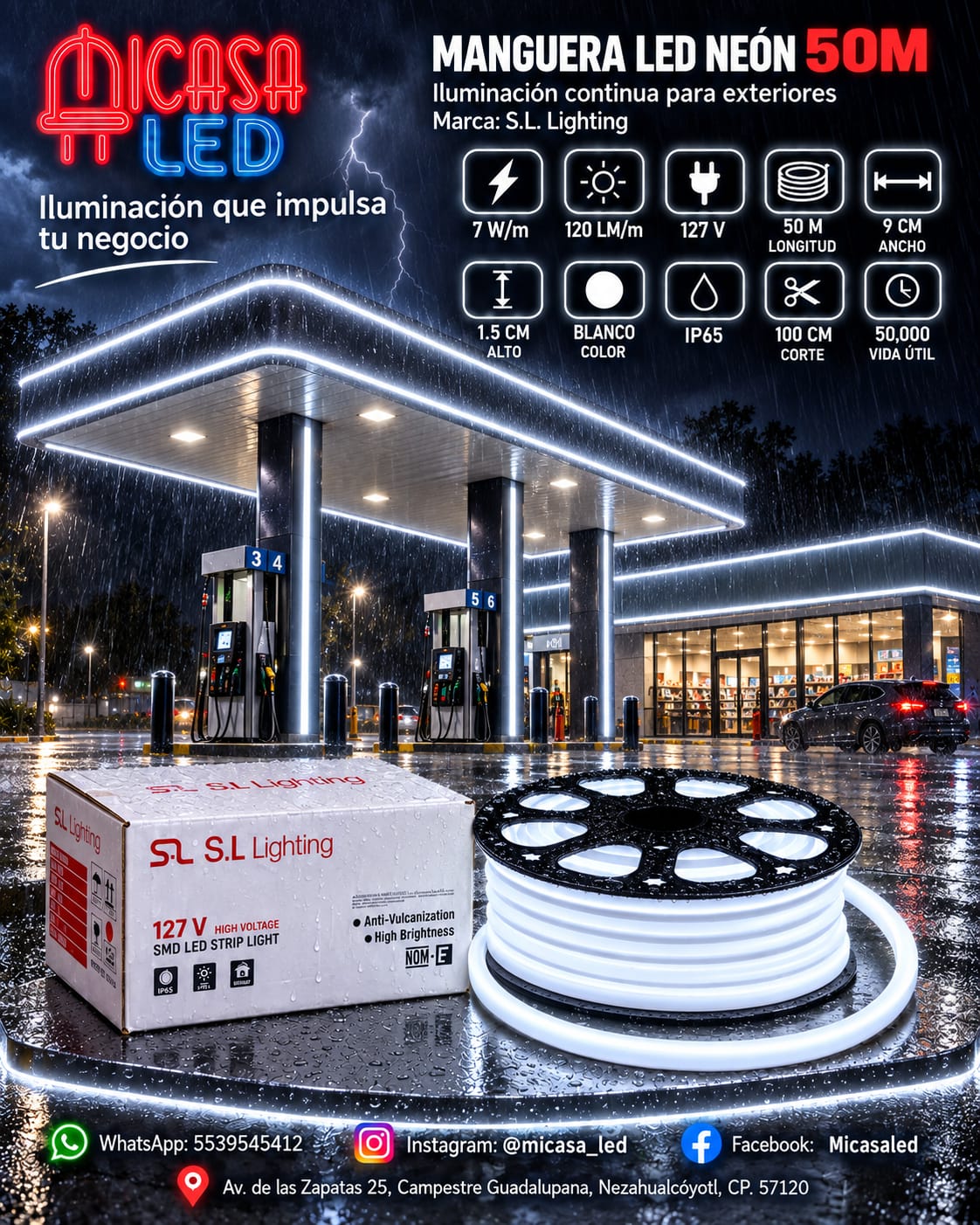 Manguera LED Neón 50 m Blanca 127 V SL
