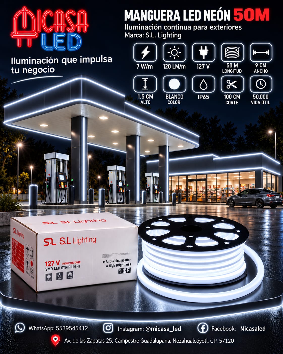 Manguera LED neón S.L. Lighting de 50 m color blanco para exterior