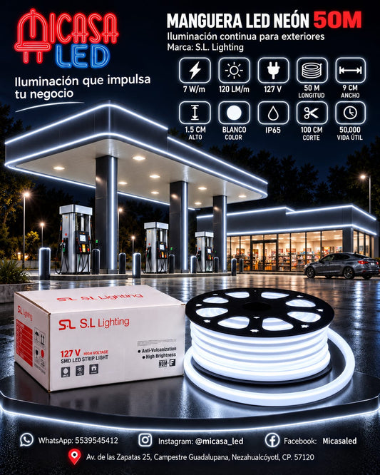 Manguera LED neón S.L. Lighting de 50 m color blanco para exterior