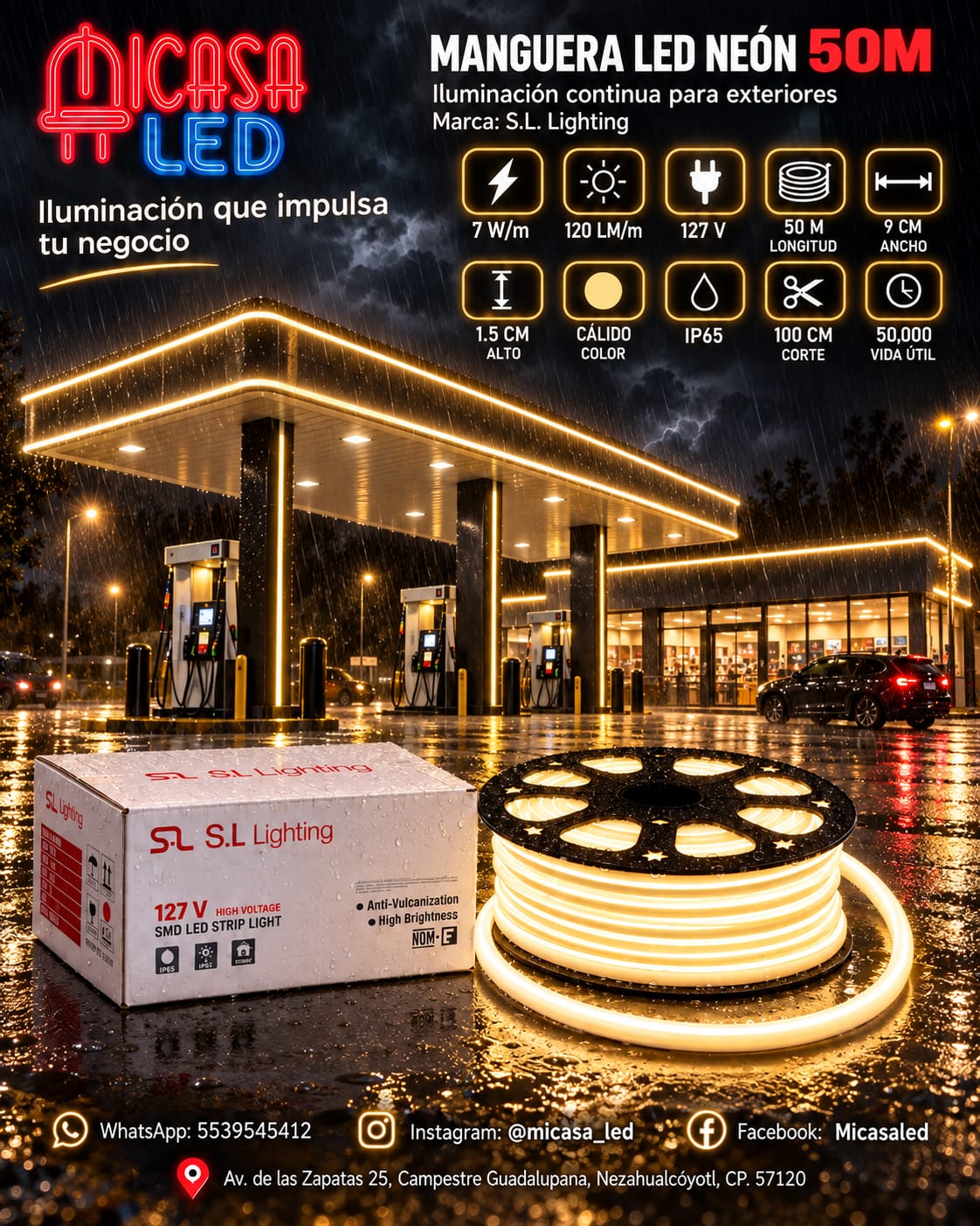 Manguera LED Neón 50 m Luz Cálida 127 V SL