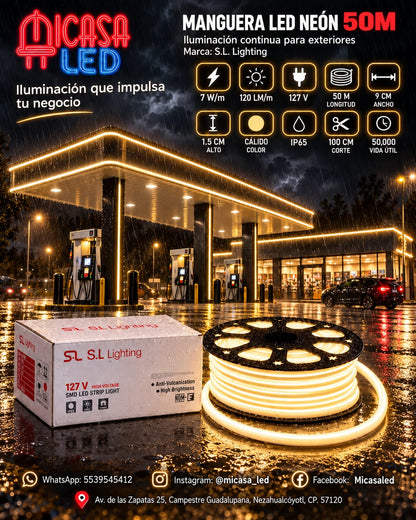 Manguera LED Neón 50 m Luz Cálida 127 V SL